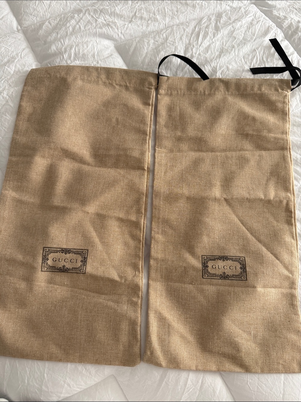 Gucci Tan Canvas Dust Bags with Black Logo and Drawstrings